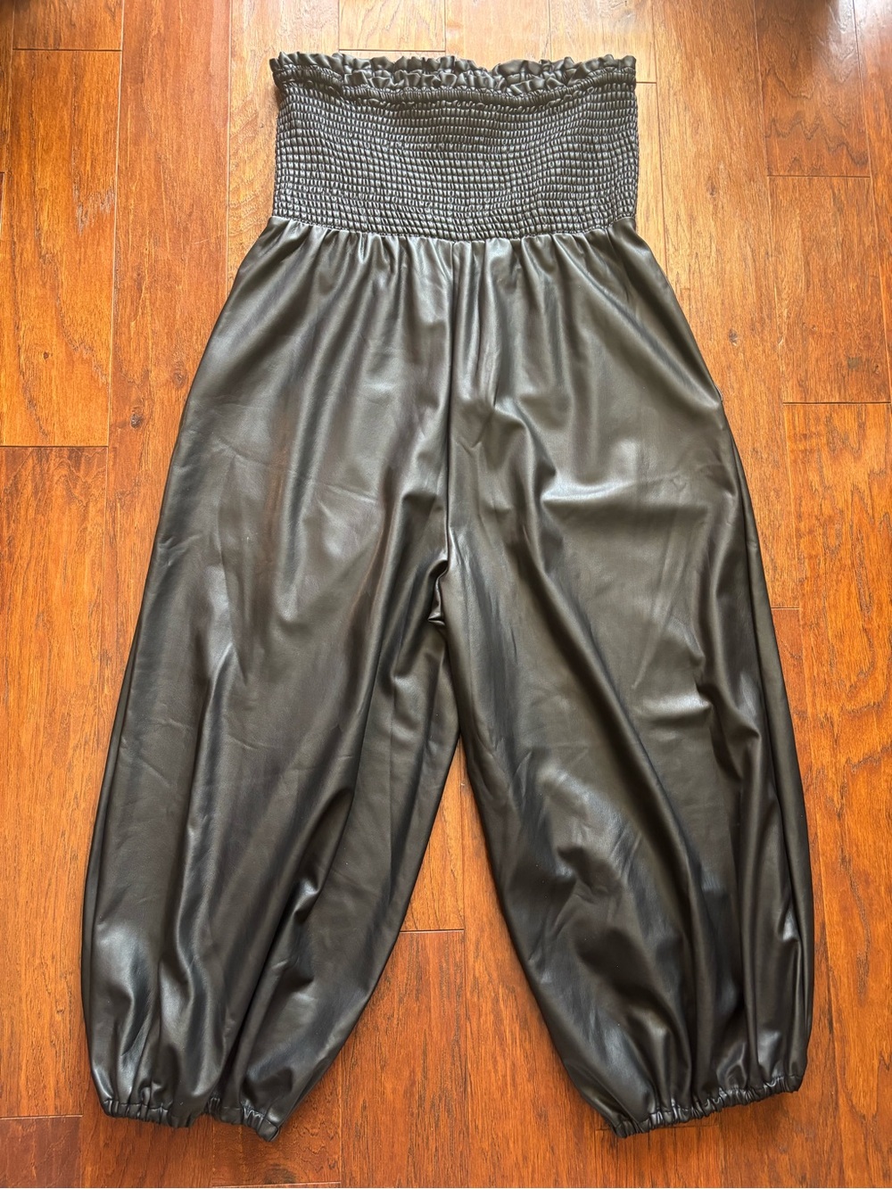 Anthropologie Faux Leather Strapless Jumpsuit Balloon Leg | Size XLP - Picture 8 of 14